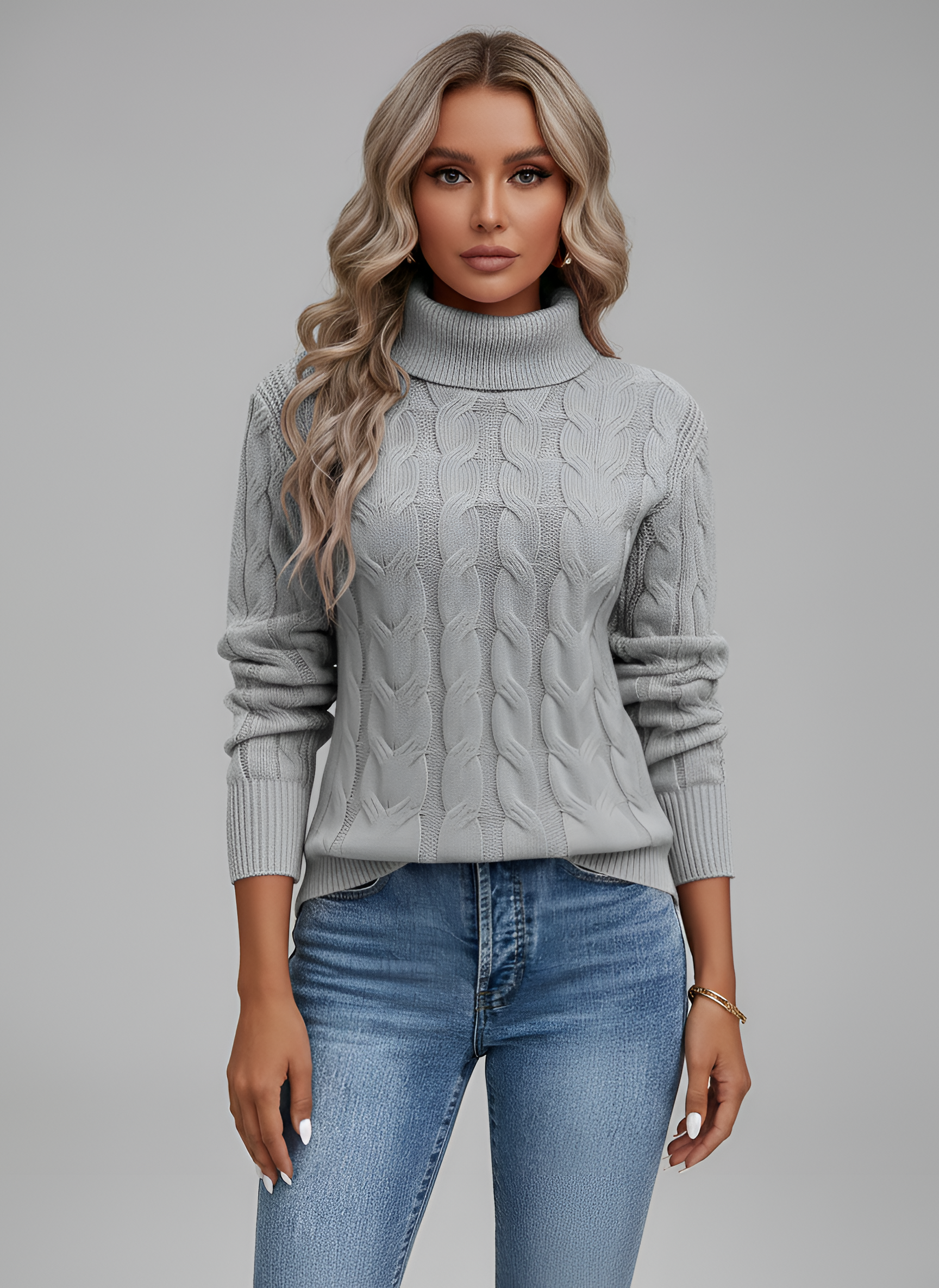 Dámsky pletený sveter s rolákom a vrkočovým vzorom