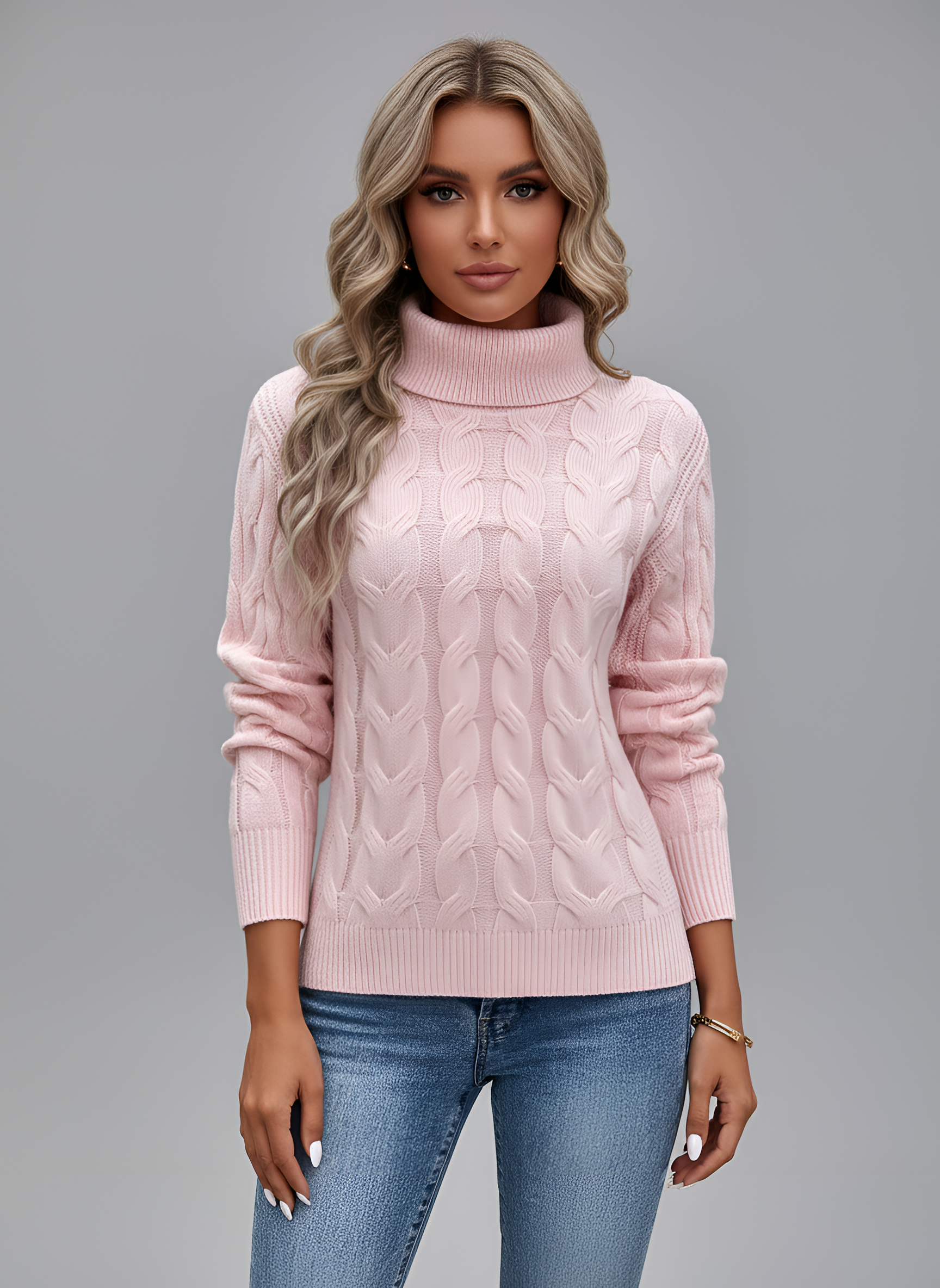 Dámsky pletený sveter s rolákom a vrkočovým vzorom