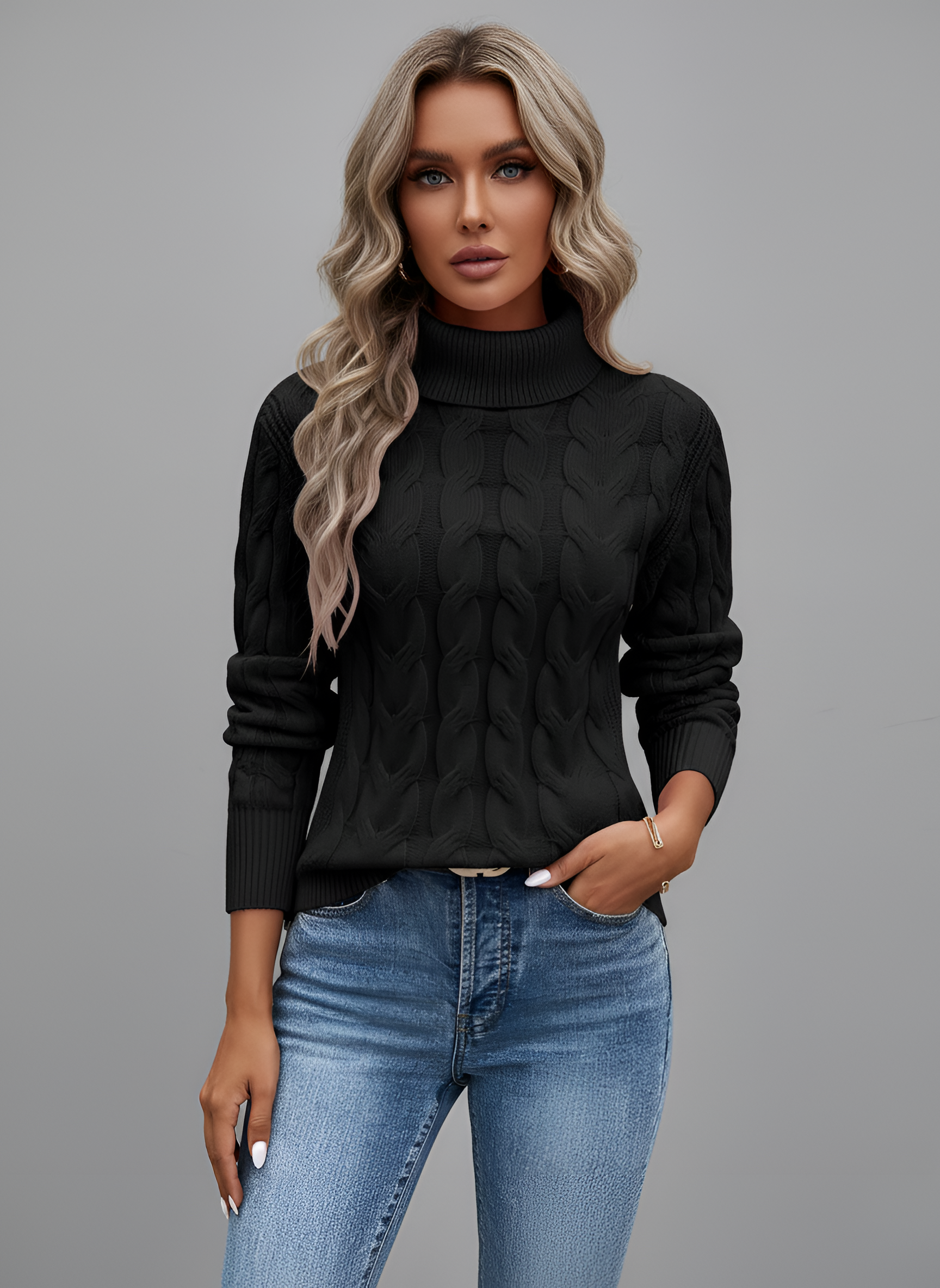 Dámsky pletený sveter s rolákom a vrkočovým vzorom