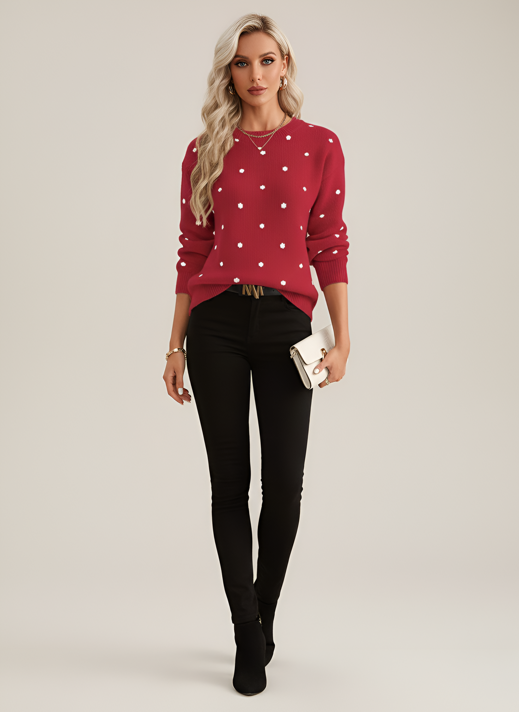 Dámsky pletený sveter so vzorom a okrúhlym výstrihom