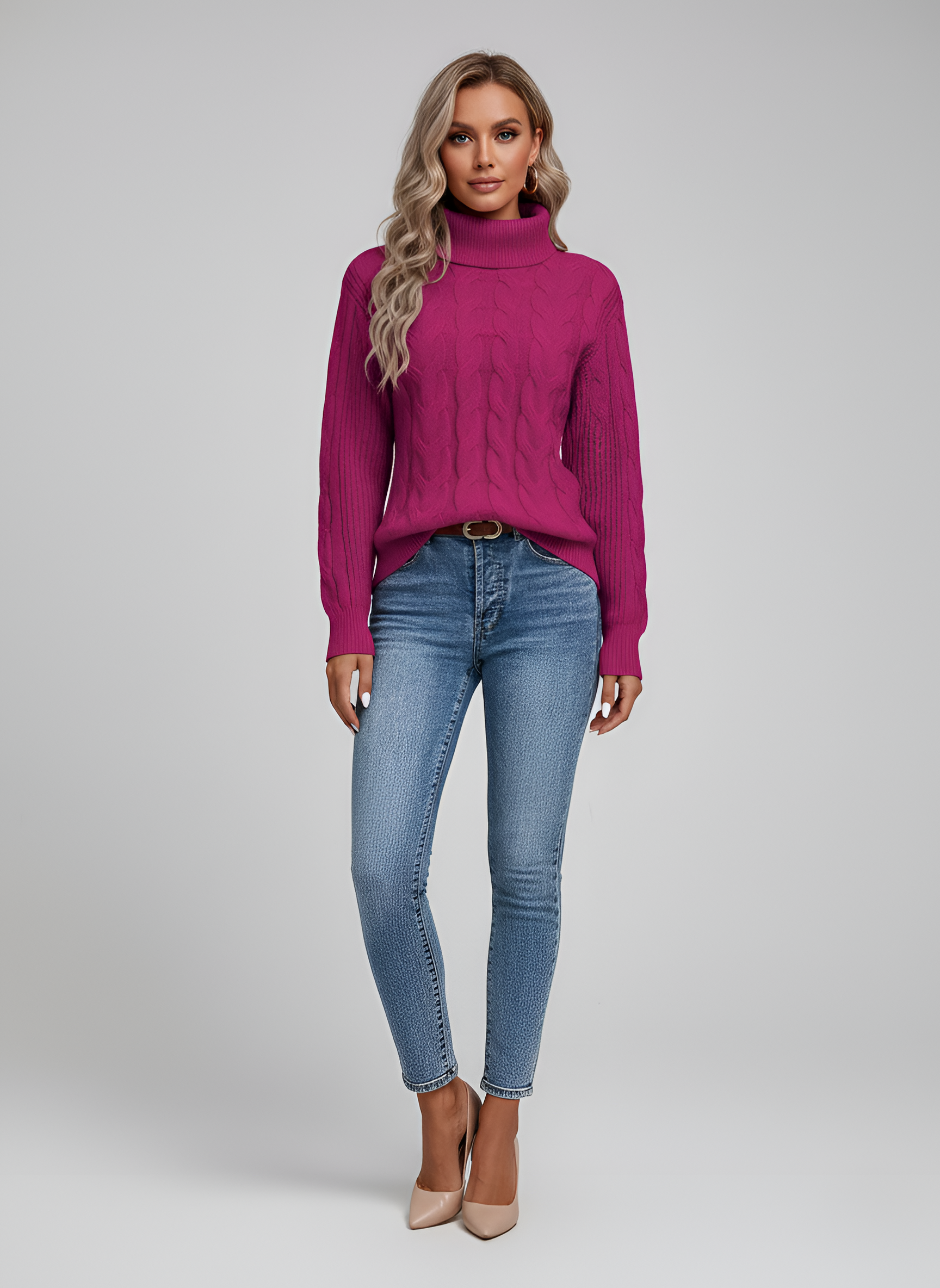 Dámsky pletený sveter s rolákom a vrkočovým vzorom