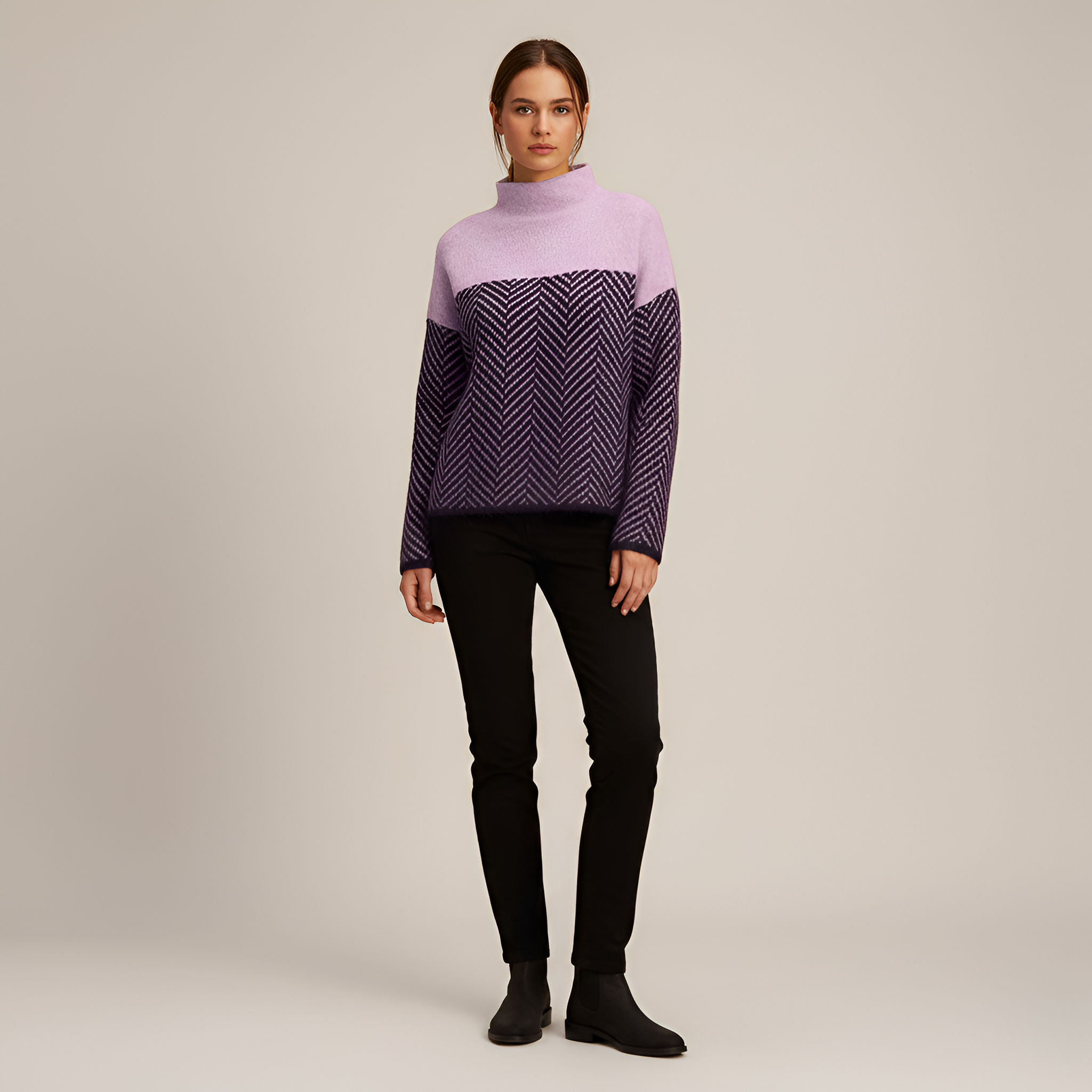 Dámsky pletený sveter s vysokým golierom a vzorom