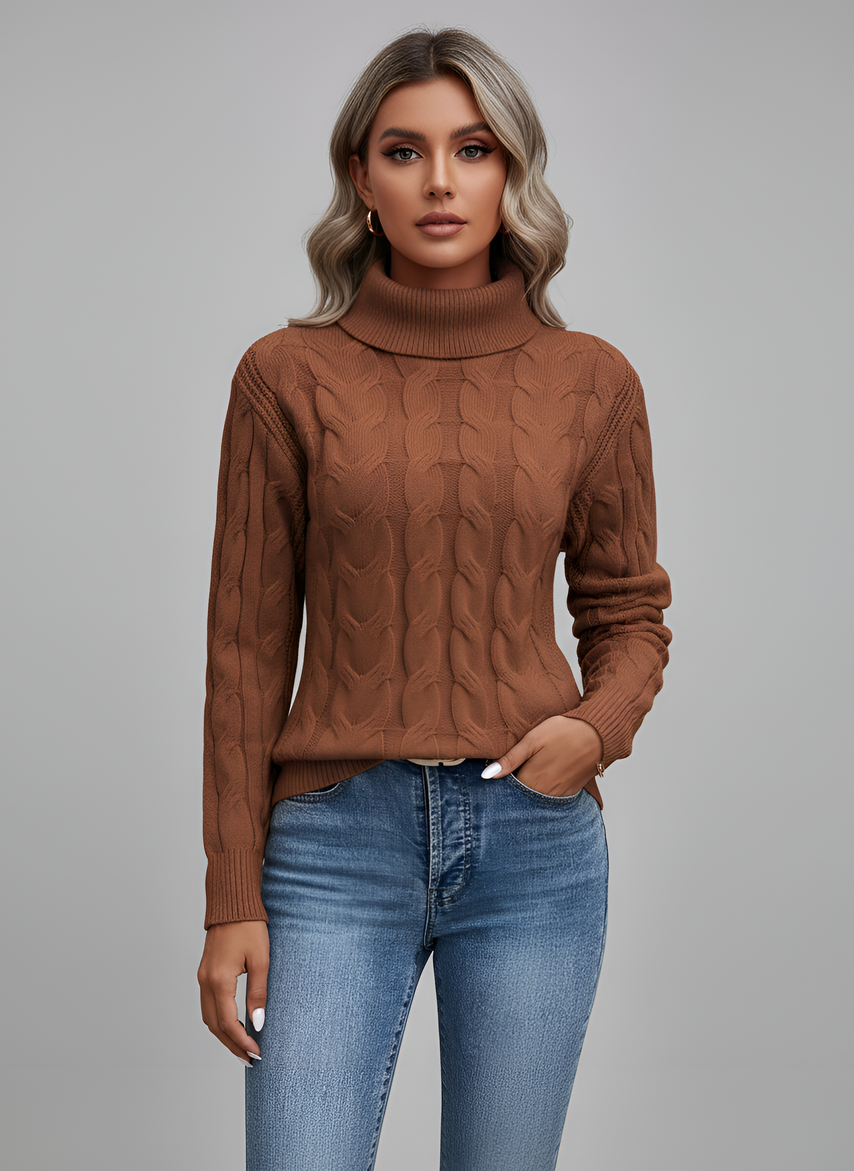 Dámsky pletený sveter s rolákom a vrkočovým vzorom