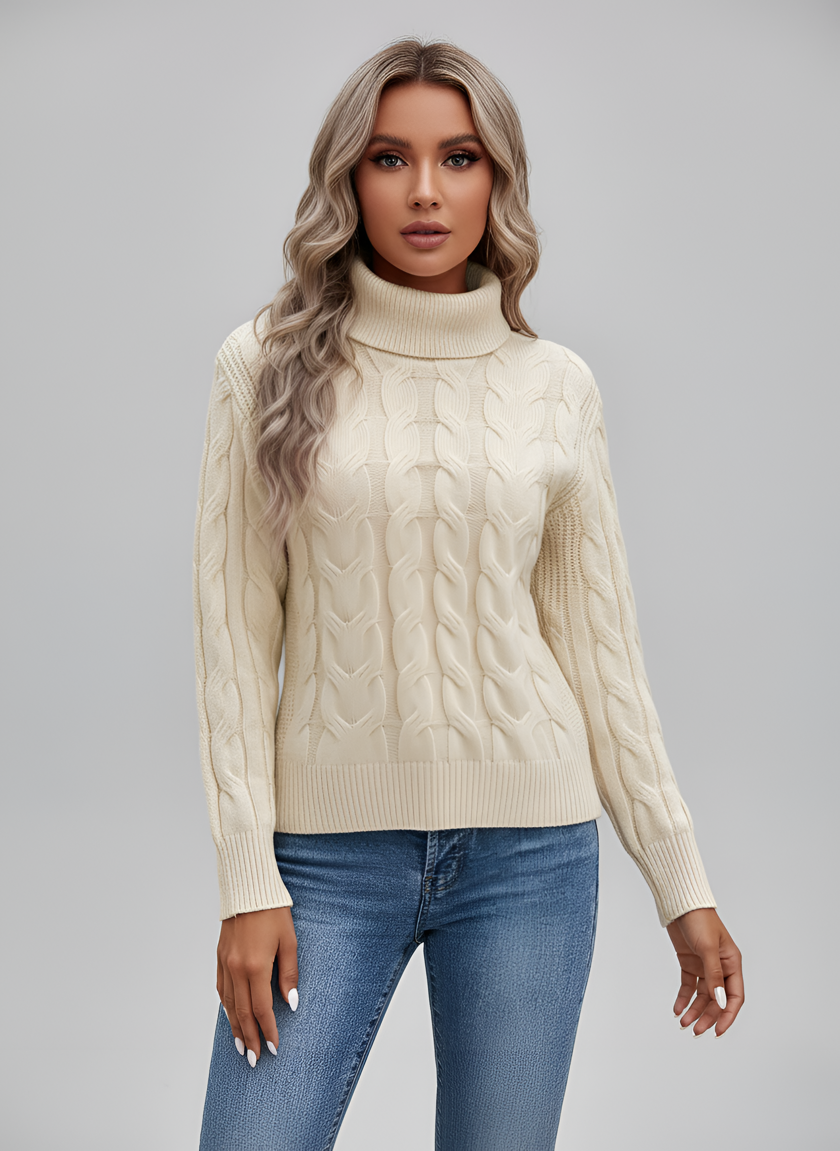 Dámsky pletený sveter s rolákom a vrkočovým vzorom