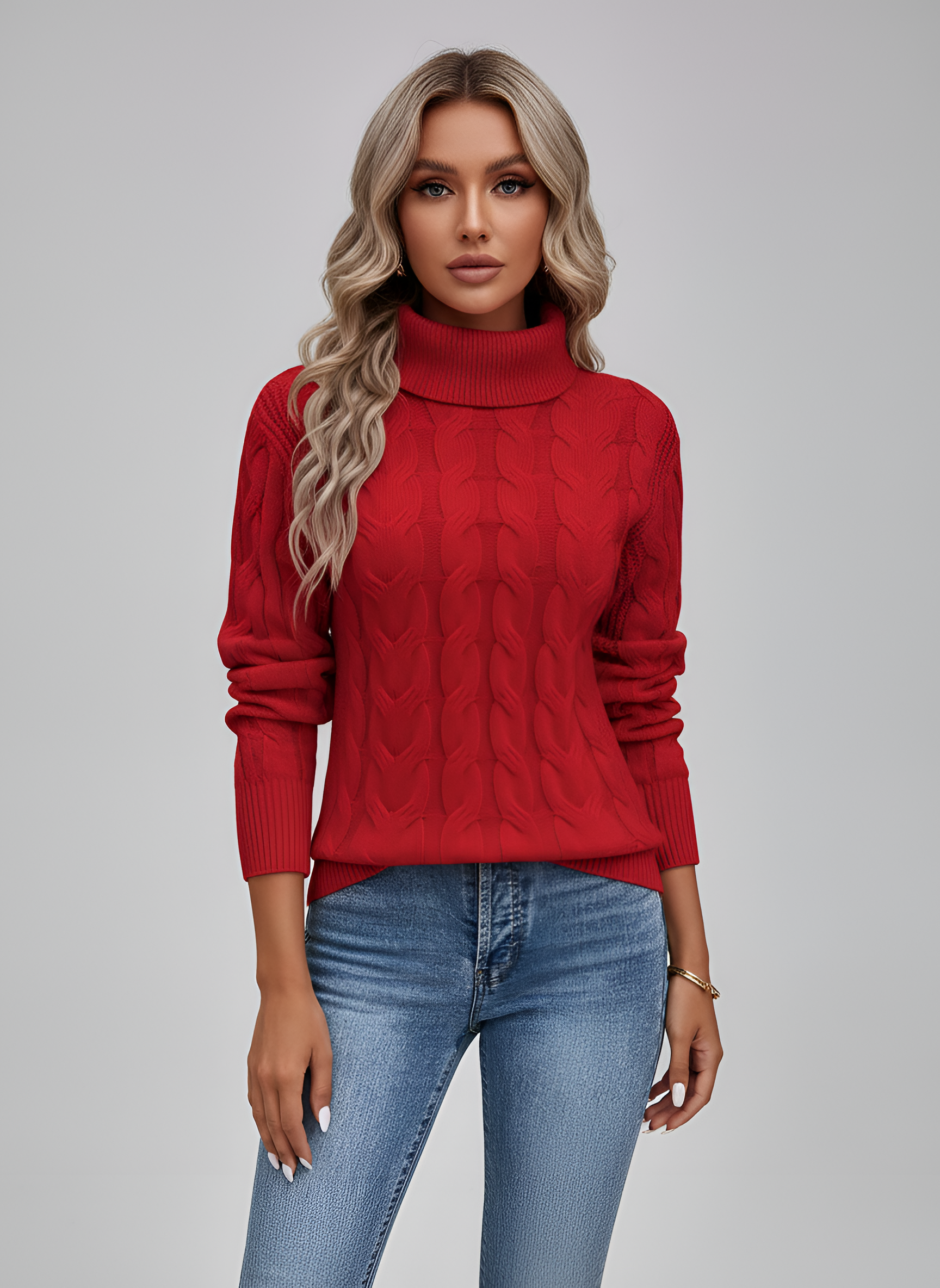 Dámsky pletený sveter s rolákom a vrkočovým vzorom