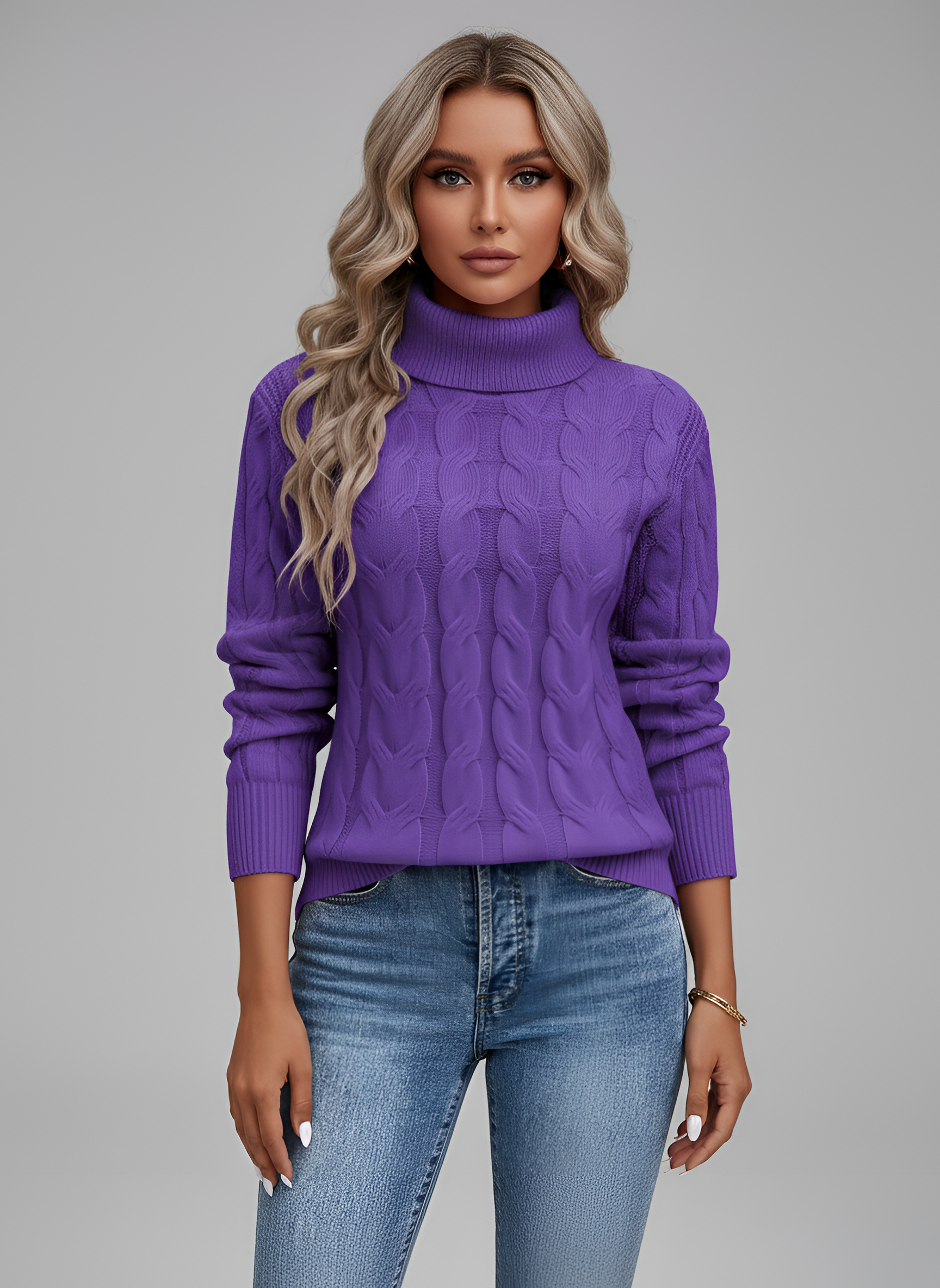 Dámsky pletený sveter s rolákom a vrkočovým vzorom